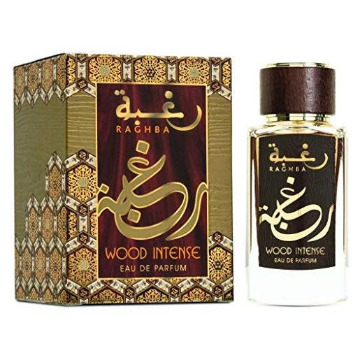 Lattafa profumo raghba wood intense lattafa eau de parfum alta qualità e lunga durata, versione 100ml arabo orientale intenso, fumo e legnoso + 1 bakhoor al-zahra gratuito