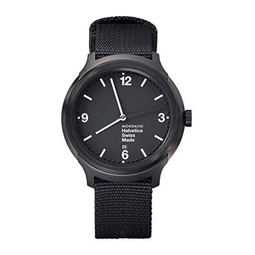 Mondaine helvetica bold - orologio con cinturino nero in nylon per uomo e donna, mh1. B1221. Nb, 43 mm