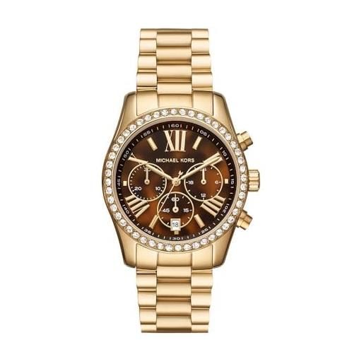 Michael Kors orologio lexington da donna, movimento cronografo, cassa in acciaio inossidabile dorata da 38 mm con bracciale in acciaio inossidabile, mk7276, tonalità oro e marrone scuro
