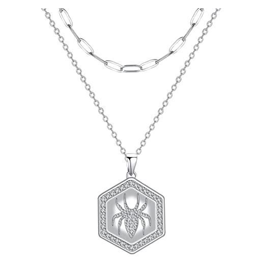 Hifeeled collana ragno donna argento sterling 925 ciondolo con zirconia cubica doppia catene |45cm+5| anallergica, gioielli regali per donna