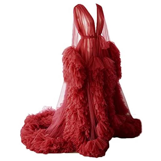 KURFACE vestaglia per la maternità servizio fotografico prospettiva pura lunga veste in tulle gonfio vestaglia pura per le donne, borgogna, xxl piu