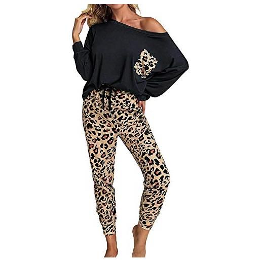 LAYAN-B tuta da donna pigiama set casual due pezzi pigiama set stampa leopardo manica lunga spalla top con coulisse pantaloni loungewear pigiameria sport set a nero xs