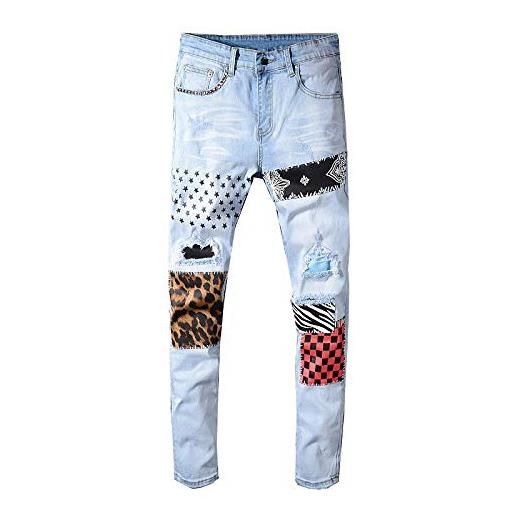 THJIQ pantaloni da uomo slim rivetti patchwork leopardati rivetti patchwork di jeans blu chiaro strappati pantaloni skinny elasticizzati pantaloni