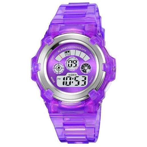 findtime orologio per bambini ragazze ragazzi sport orologio digitale per bambini trasparente 5 atm impermeabile orologio da polso per bambini con sveglia data cronometro sport all'aperto luce led, lilla, 