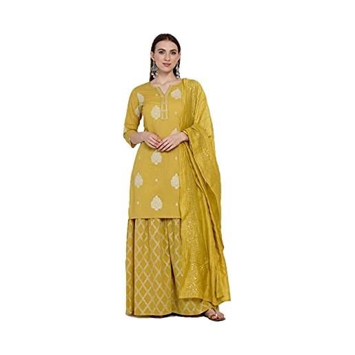 Vastraghar set kurtis da donna con dupatta abbigliamento da festa indiano designer kurti abiti top tunica kurta con pantaloni palazzos set, giallo e bianco. , small