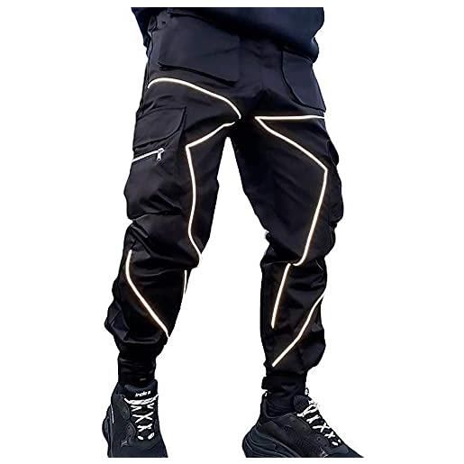 LAYAN-B pantaloni cargo da uomo con cinturino riflettente hip hop harem joggers casual pocket pants nero xl