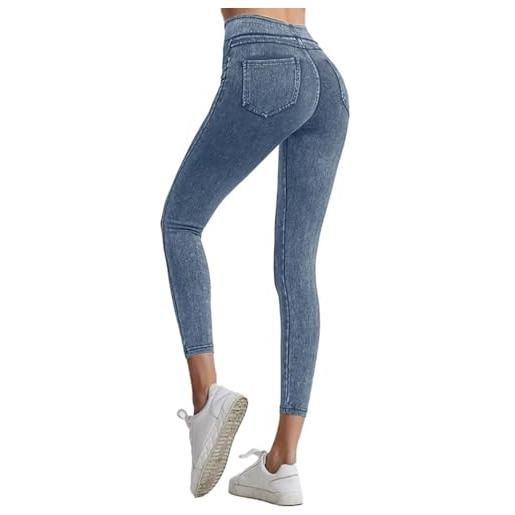Onsoyours jeggings da donna jeans leggins a vita alta stretchy treggings yoga pantaloni casual slim pantaloni jeggings elasticizzati attillati in denim b blu scuro l
