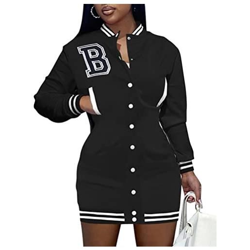 Minetom donna college vestiti da baseball uniform monopetto letter ricamo bomber vestiti per ragazze streetwear con tasca a nero xs