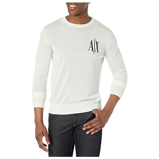 Armani Exchange 100% lana vergine, girocollo, maxi logo frontale ricamato maglione, bianco, xl uomo