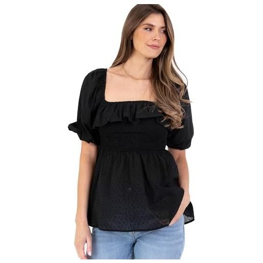 Lovedrobe peplum top square neckline short puff sleeves fit and flare ruffles frills floral print blouse, nero, 46 donna