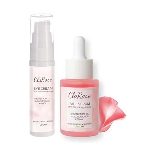 ClaRose - kit antietà viso con acido ialuronico, siero viso 30 ml e crema occhi 30 ml con retinolo e 100% olio di rosa naturale