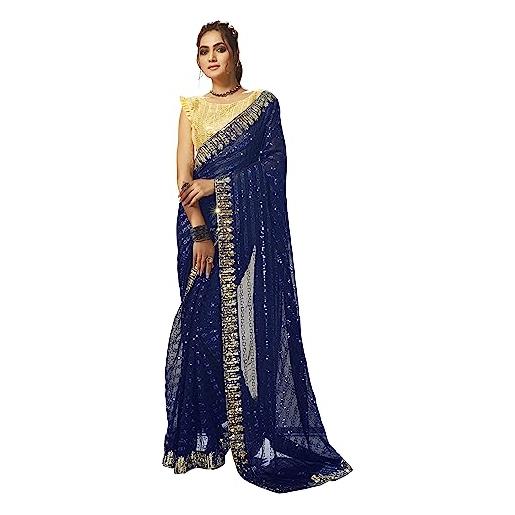 Elina fashion georgette sarees per le donne indiano partito indossare paillettes sari sari & camicetta non cucita, blu navy 1. , saree & non stitched blouse piece