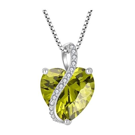YL collana cuore in argento 925 con ciondolo per donna con pietra portafortuna di agosto peridoto verde cubico, lunghezza catena 45 + 3 cm