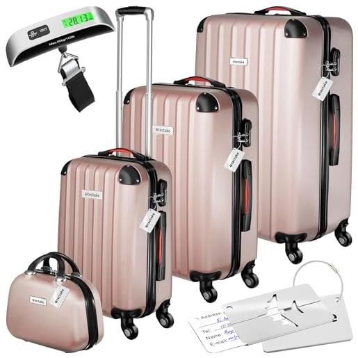 TecTake® set di valigie rigide cleo, 4 pezzi, trolley m, l e xl, beauty case impilabile, rotelle girevoli a 360°, maniglia telescopica regolabile, bilancia, combinazione a 3 cifre - rosa dorato