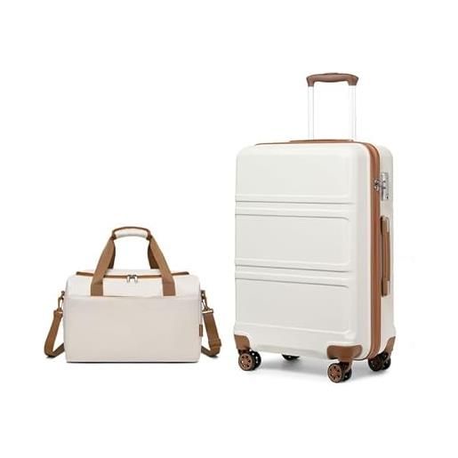 KONO set di 2 valigia bagaglio a mano rigida e leggera abs trolley 55cm con 4 ruote rotanti e lucchetto tsa & borsa da viaggio 40x20x25 ryanair, bianco crema