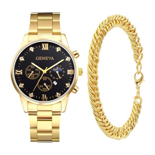 JewelryWe - set orologio al quarzo da uomo con bracciale cubano, quadrante in lega decorato con tre contatori finti, cinturino in acciaio inox, color oro, con sacchetto regalo