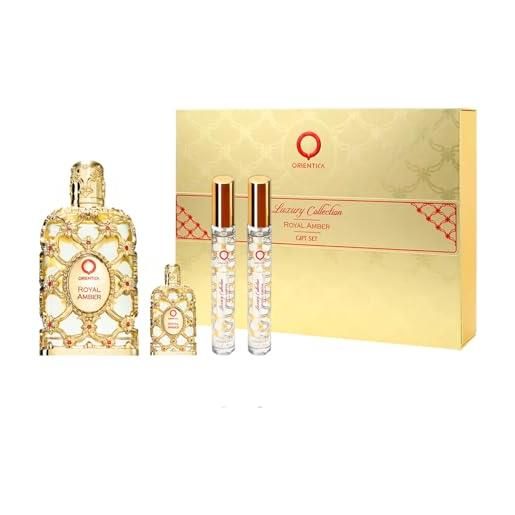 Orientica royal amber by Orientica for women - 4 pz gift set 2,7oz edp spray, 7,5 ml edp spray, 2 x 10 ml edp spray