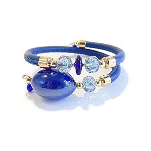 VENEZIA CLASSICA - bracciale da donna con perla in vetro di murano originale e vera pelle toscana a doppio giro, collezione gloria (blue)