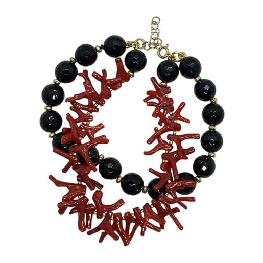 sicilia bedda - bracciale in corallo rosso del mediterraneo - argento 925 - prodotto realizzato a mano - idea regalo (multifilo corallo e agata nera)