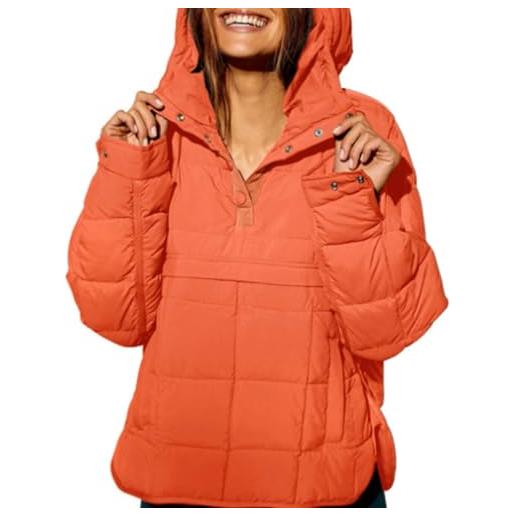 KKvoPiQ inverno coat donna maglione trapuntato leggero, maniche abbottonato, cappuccio imbottito cappotto con tasca giacca da lavoro con riscaldamento, colore: arancione. , xxxl