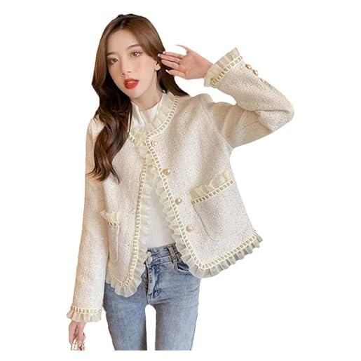 CHONG FENG XIA elegante pizzo agaric edge tweed giacche per le donne - capispalla primaverile coreana, cappotto con paillettes sciolto, bianco, l