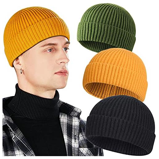 Heniho confezione da 3 berretti da pescatore in lana per uomo, cappello corto a maglia, d-nero, giallo, verde, taglia unica