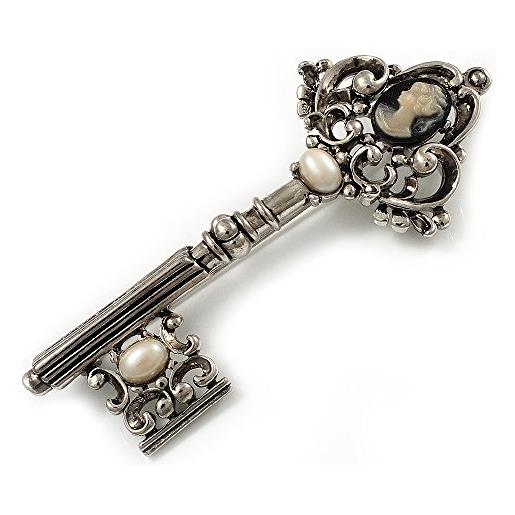 Avalaya spilla in stile vintage a forma di chiave, con pietre di cammeo, in argento brunito