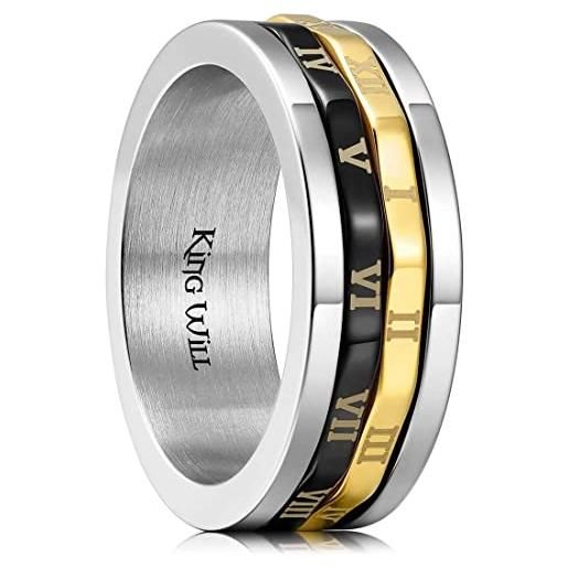 King Will anello girevole da 8 mm in acciaio inox, con numeri romani, anello per ansia, da uomo, 11, v 1/2(64.64mm), acciaio inossidabile, nessuna pietra preziosa