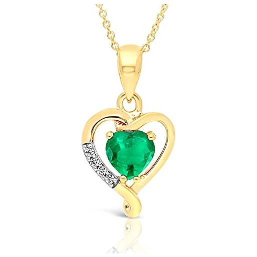 PLANETYS - collana con pendente cuore da donna in oro giallo 9k (375/1000) con smeraldo naturale - lunghezza 42-45 cm