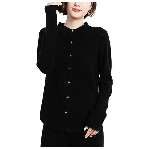 E-girl cardigan da donna 95% cashmere con risvolto a maniche lunghe, cardigan in lana di cashmere, rilassato e sottile, df8014, nero , 50