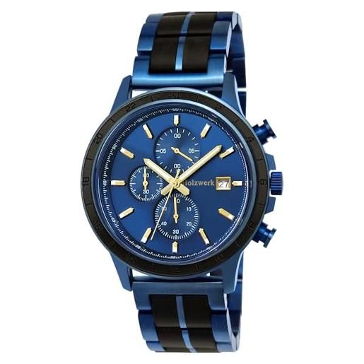 Holzwerk Germany orologio da uomo, realizzato a mano, in legno, eco-naturale, cronografo, analogico, al quarzo, blu, marrone, data, quadrante in legno, blu-marrone. 