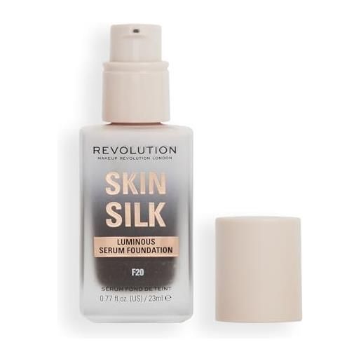 Makeup Revolution, skin silk serum foundation, light to medium coverage, contains hyaluronic acid, f20, 23ml