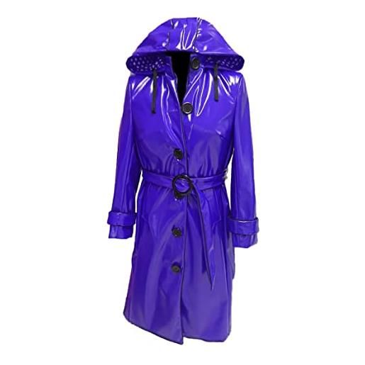MAXDUD donne pvc lucido pelle con cappuccio leggero impermeabile elegante trench lungo cappotto, blu - pelle pvc, xxl