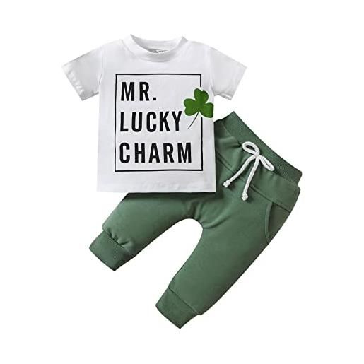 Cuwtheugwg natale neonata st. Patric. K's day 2pcs toddler baby boy summer clothes set lettera stampa t-shirt a maniche corte pantaloni con coulisse solid outfit femmina 3 anni (white, 6-12 months)