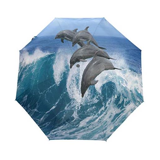 QMIN - ombrello pieghevole automatico con delfini e animali marini, antivento, anti-uv, da viaggio, compatto, per donne, uomini e ragazze