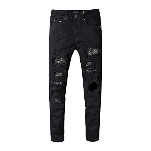 THJIQ pantaloni da uomo in denim elasticizzato neri con patch jupc strappati patchwork di strass sottile di cristallo
