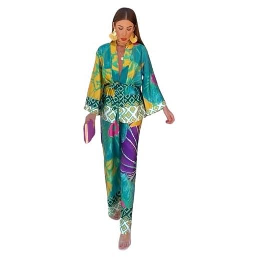 Generico completo donna kimono pantalone fantasia multicolore scollo v easy multicolore/taglia unica