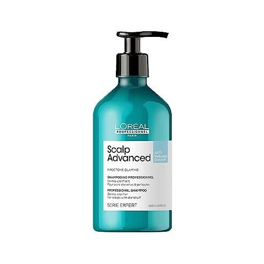L'Oréal Professionnel paris shampoo antiforfora, purificante e seboregolatore, per cuoio capelluto soggetto a forfora, con piroctone olamina, scalp advanced, 500 ml