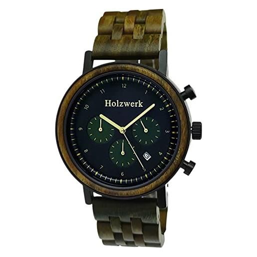 Holzwerk Germany® - orologio da uomo in legno ecologico, con cronografo, analogico, al quarzo, marrone, verde, nero, oro, quadrante in legno