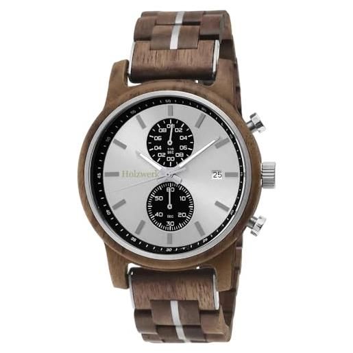 Holzwerk Germany orologio da uomo, realizzato a mano, in legno, eco-naturale, cronografo, analogico, al quarzo, marrone, argento, data legno, argento/marrone
