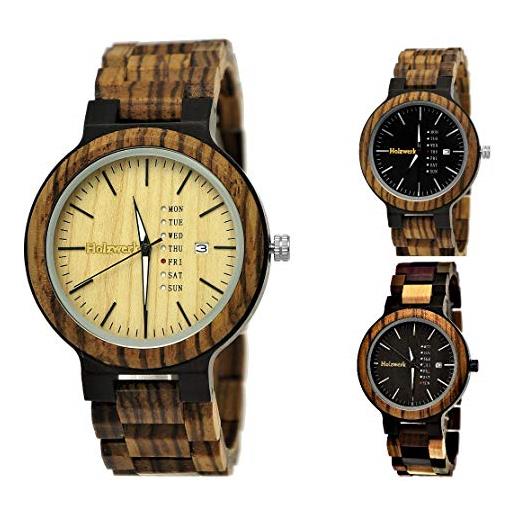 Holzwerk Germany orologio da uomo a matrice realizzato a mano in legno ecologico naturale orologio da polso in legno marrone nero zebra modello analogico al quarzo visualizzazione data e giorno della