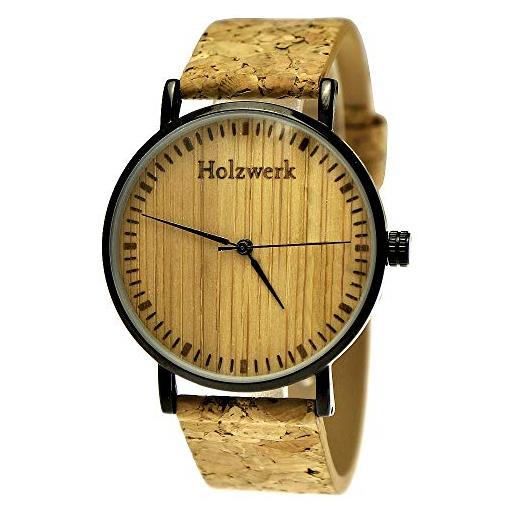 Holzwerk Germany orologio da uomo, realizzato a mano, design piatto, unisex, ecologico, naturale, vegano, in legno, analogico, classico, al quarzo, in sughero, quadrante in legno, colore nero, 