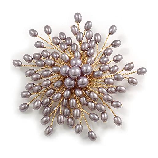 Avalaya spilla asimmetrica con perle finte grigie a strati in tono oro/80 mm di diametro, fatta a mano, misura unica, perla sintetica, pietra preziosa, metallo, argento