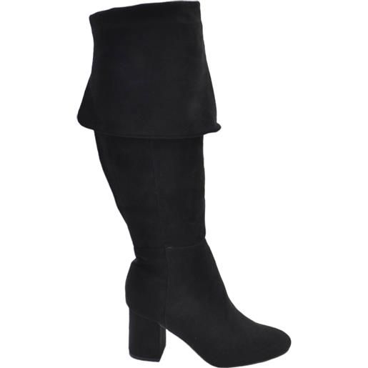 Malu Shoes stivale donna a punta quadrata alto in camoscio nero sopra al ginocchio o con risvolto tacco quadrato basso 5 cm con zip
