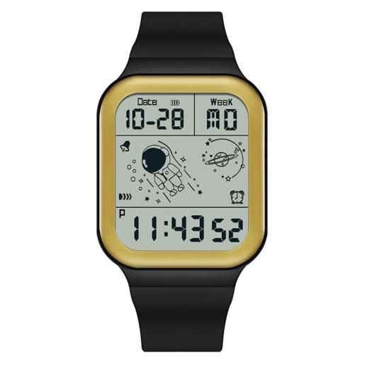 RORIOS orologio quadrati da uomo orologio da polso multifunzione elettronico orologio 50m impermeabile orologio casual digitale orologio cinturino in gomma oro nero