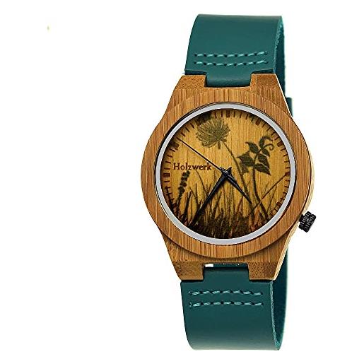Holzwerk Germany®, orologio da donna realizzato a mano in legno ecologico e naturale, orologio da polso in pelle, orologio analogico al quarzo, marrone, blu, turchese, fiori naturali