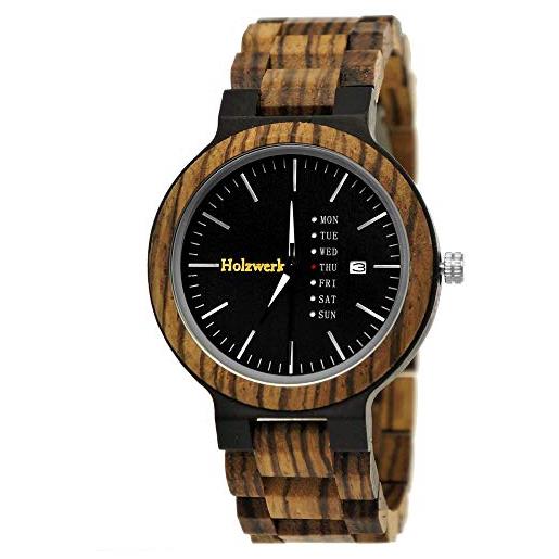Holzwerk Germany® matrix - orologio da uomo in legno ecologico, con cinturino in legno, colore: marrone e nero, motivo zebrato, analogico, al quarzo, data e giorno della settimana