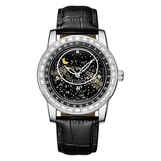 RORIOS orologio quarzo da uomo orologio da polso luminoso cielo stellato orologio elegante cinturino in pelle orologio moda analogico nero bianco