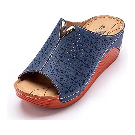 SMajong pantofole in pelle donna ciabatta con plateau e zeppa moda sandali punta aperta estate beige a 39 eu (dimensione dell'etichetta 40)