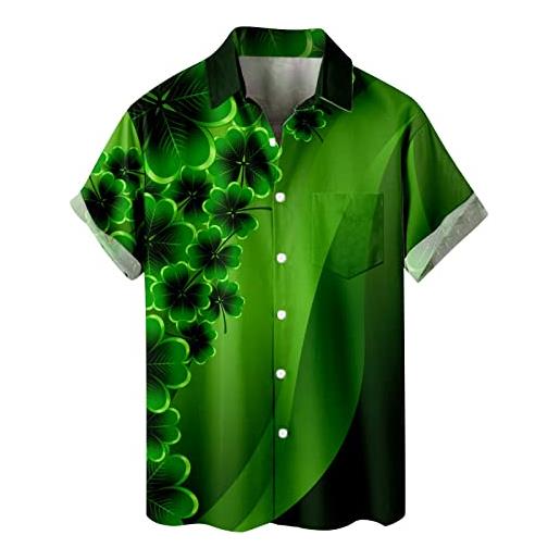 Generic maglietta da uomo per il giorno di san patrizio divertente bandiera irlandese trifoglio manica corta hawaiana casual button down camicia allentata spiaggia t-shirt abbigliamento estivo, 01-verde